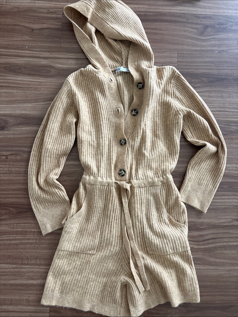 Zara Ribbed Hooded Knit Romper in Camel